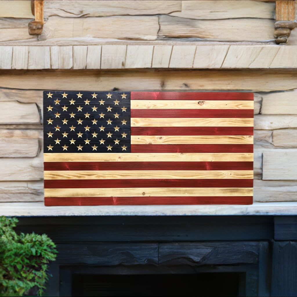Rustic Wooden American Flag, Patriotic Wall Art (Weather Protected Finish, 19.5x36)