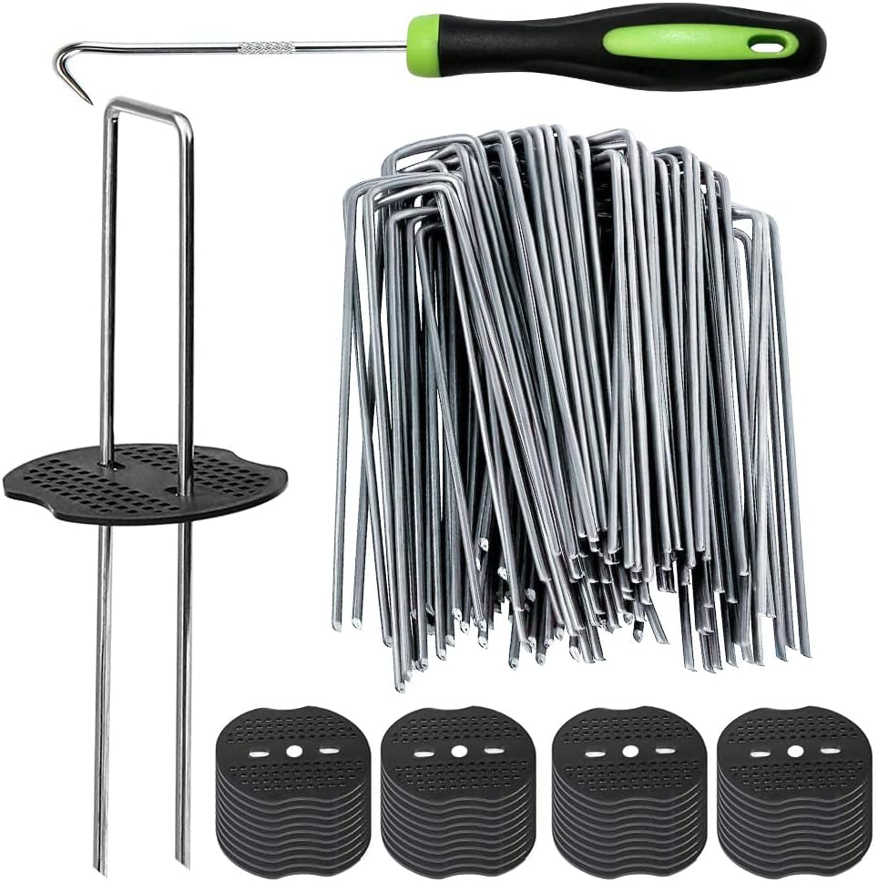100Pcs Garden Stakes Staples + 100Pcs Gasket, Bakulyor 6 Inch Lawn Landscape Staples 11 Gauge U Shaped Galvanized Landscape Pins, Heavy Duty Yard Ground Pin for Weed Barrier Sod Fabric Decorations