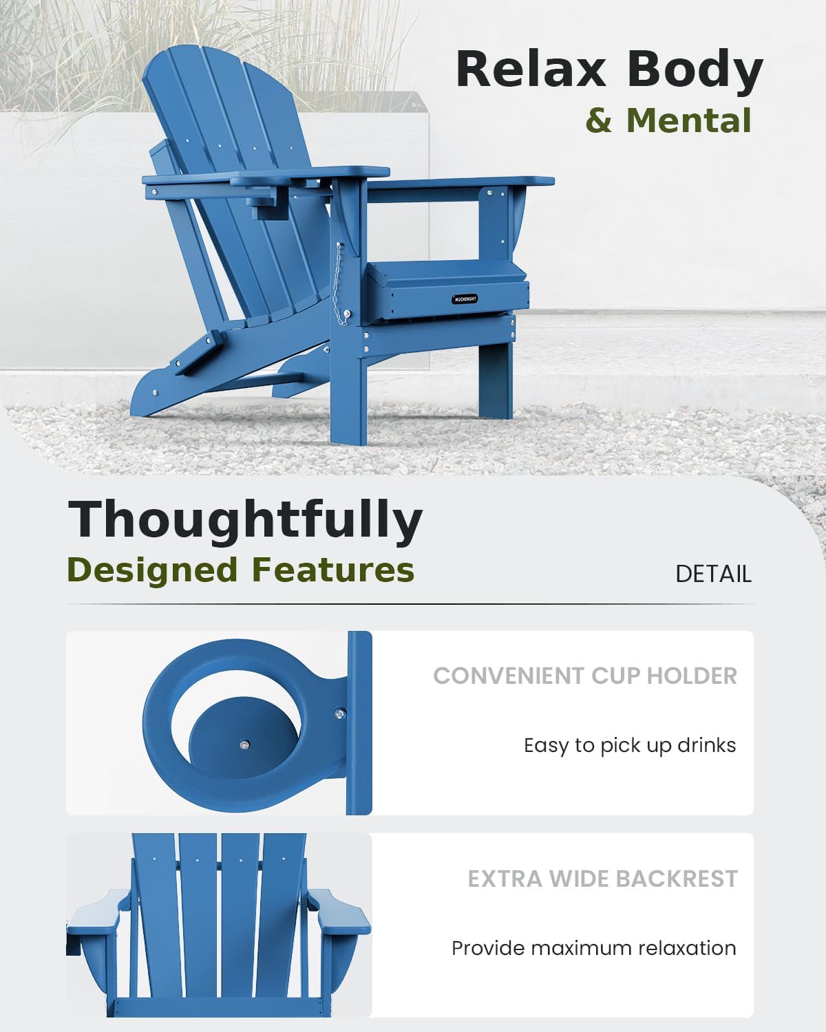 MUCHENGHY Folding Adirondack Chairs HDPE Weather Resistant 6 Pack, Patio Firepit Chairs, Sturdy Outside Chair, Lawn Chairs, 15min Assembly 380lb, Royal Blue