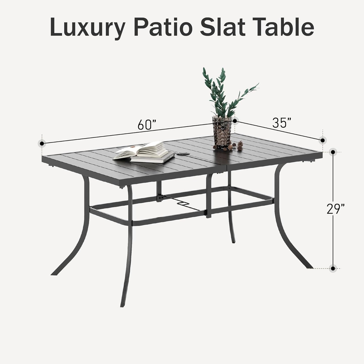 PHI VILLA 6-Person Outdoor Metal Steel Slat Dining Rectangle Table with Adjustable Umbrella Hole, Weather-Resistant for Patio Outdoor Use, Black