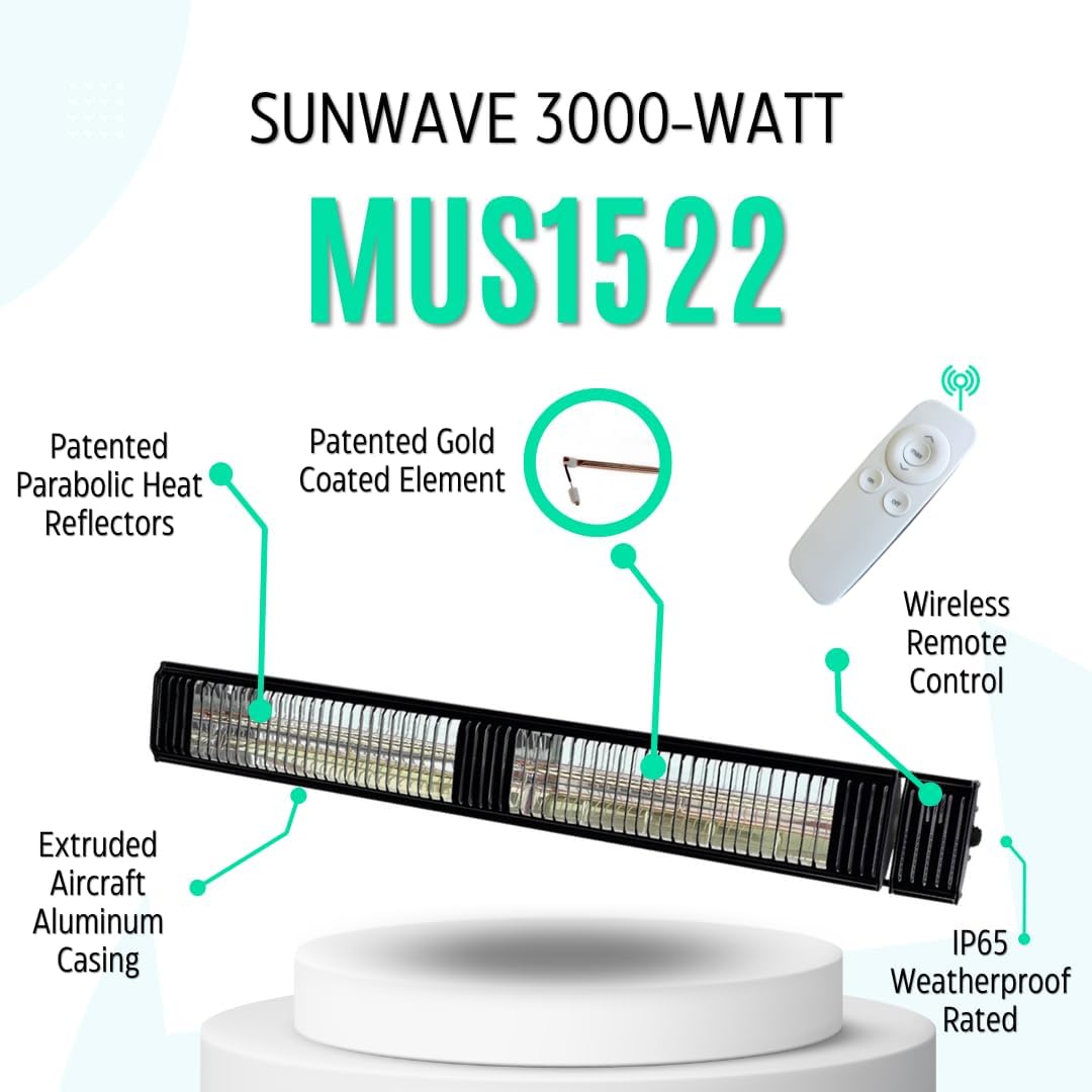 Commercial SunWave 3000 Watt Infrared Patio Heater Tungsten Ultra Quartz Low Glare with Remote control and 3 power levels, 11,028 BTU Max output By Muskoka Lifestyle Products USA Black