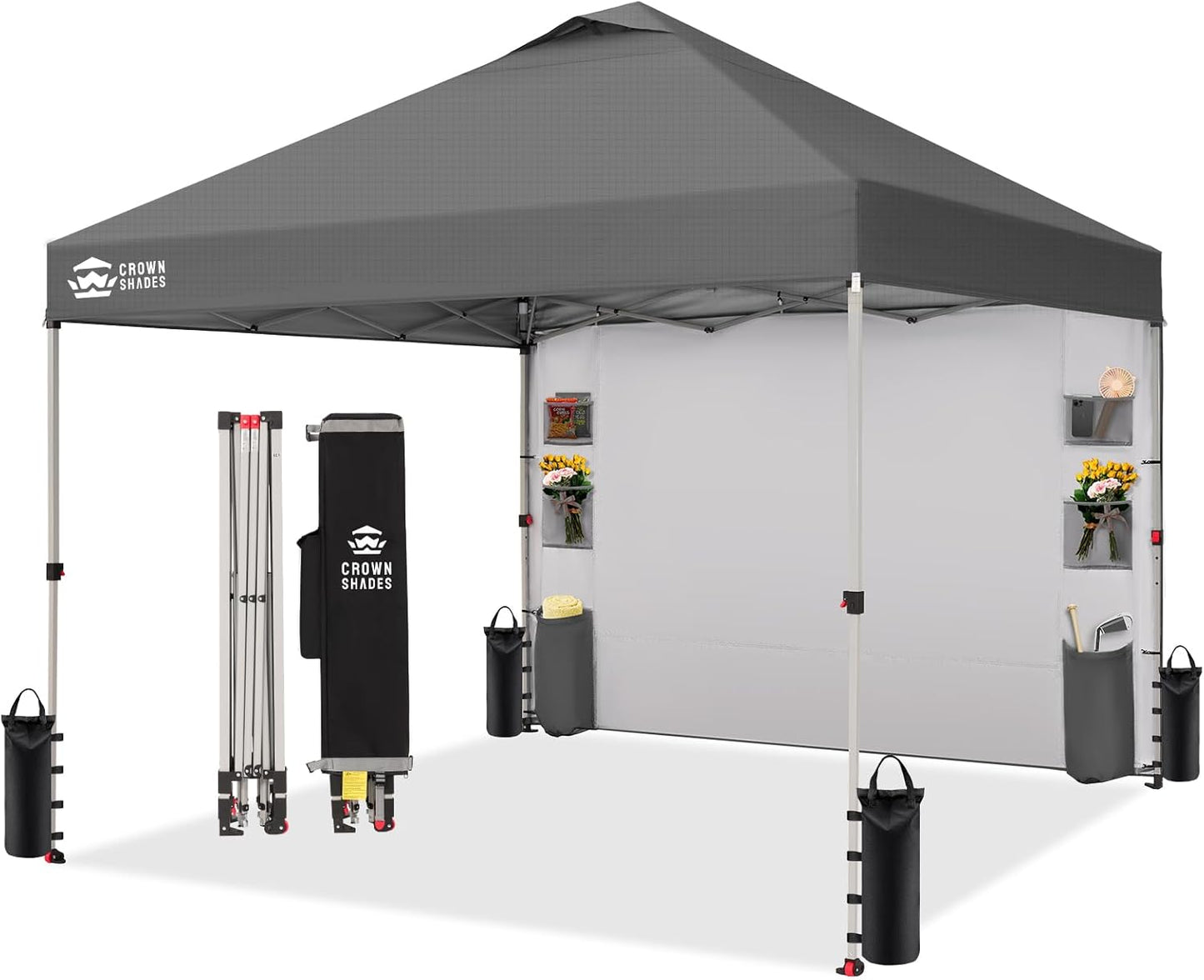 CROWN SHADES Canopy Tent 10x10 Pop Up Canopy Outdoor Shade with Pockets Sidewall, Easy Up Sun Shelter with One Person Set Up Center Lock, Portable Instant Camping Beach Canopies Tents, Grid Grey