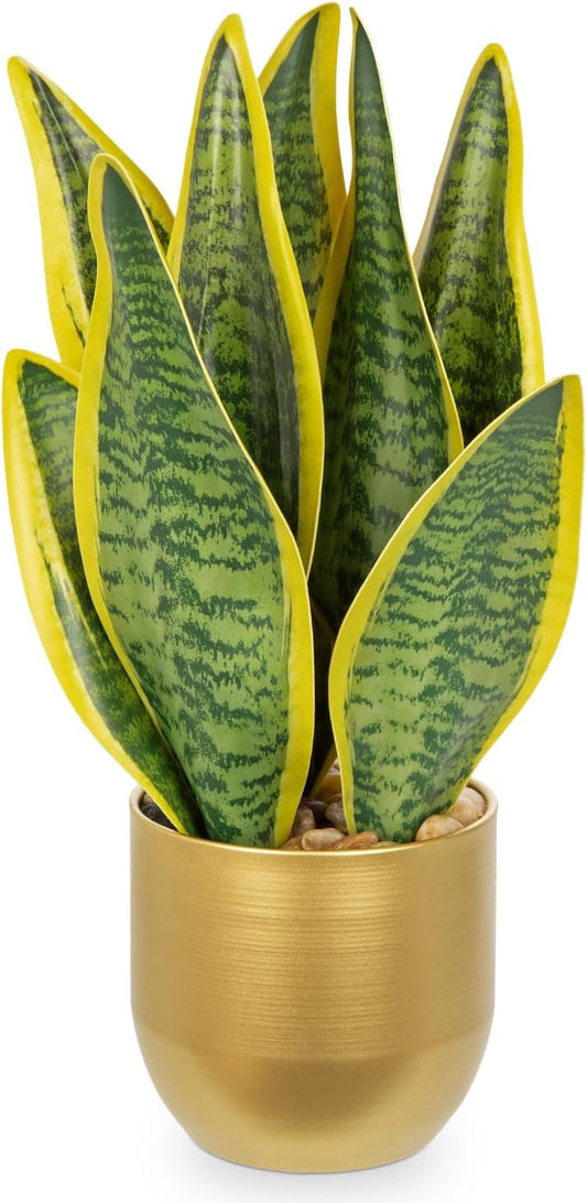 Hollyone Artificial Snake Plant Potted Faux Sansevieria Trifasciata Plants, 13" Tropical Fake Snake Plants in Gold Stainless Steel Metal Pots for Home Office Room Indoor Decor Housewarming Gifts