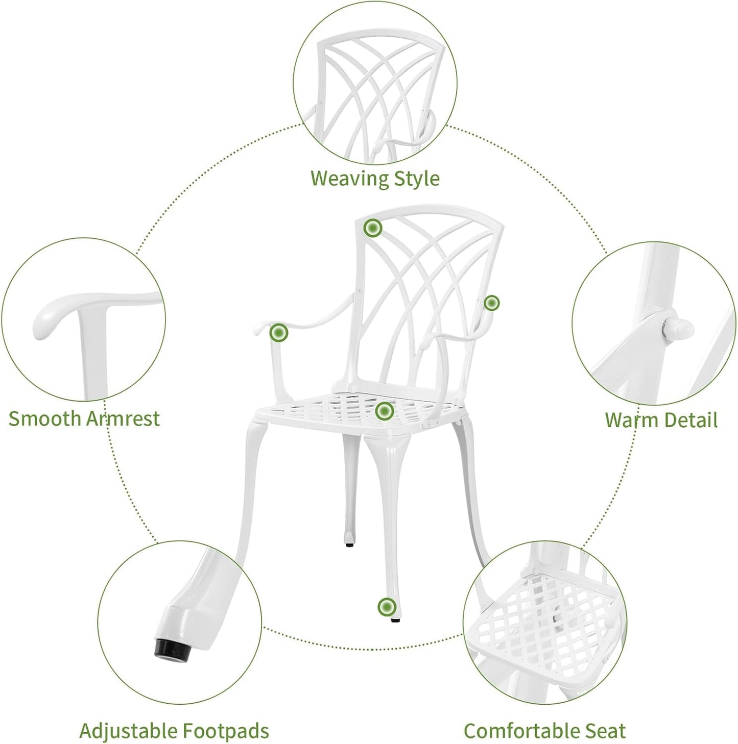 Patio Bistro Set 3 Piece with Umbrella Hole, Outdoor Bistro Table and Chairs Set of 2, Patio Bistro Set 3 Piece White, Cast Aluminum Furniture for Park Yard Front Porch