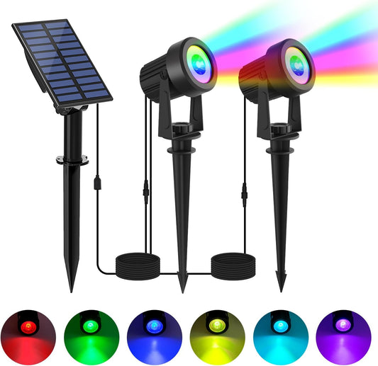 RGB Solar Spot Lights Outdoor 2Pack Color Changing Landscape Lighting IP65 Waterproof Auto Dusk to Dawn Spotlights Outside for Garden Yard Pathway