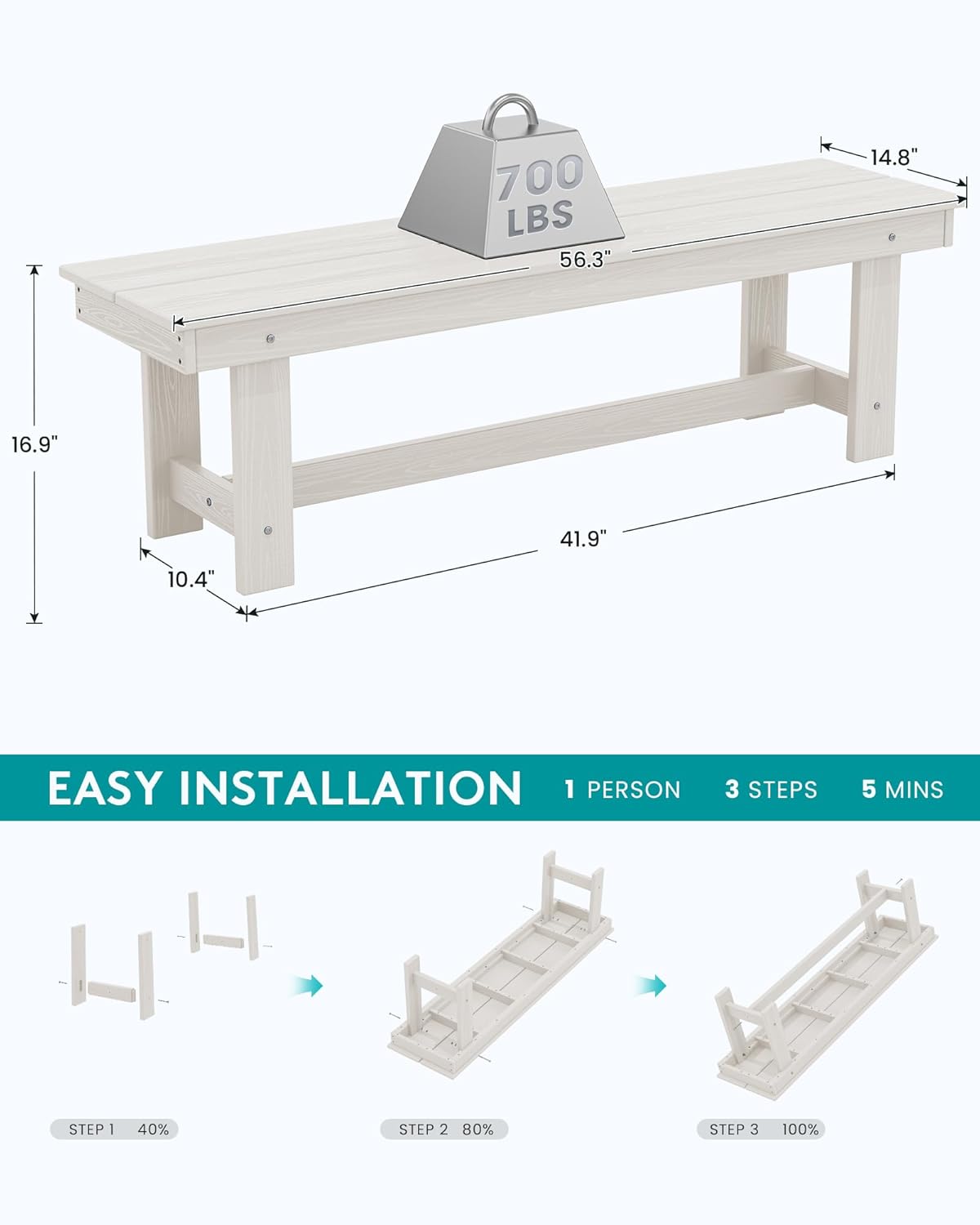 SERWALL 2-Person Outdoor Bench Backless, HDPE Outdoor Benches Weatherproof, 700 Lbs Weight Capacity, Poly Lumber Patio Furniture for Garden, Porch and Park, White