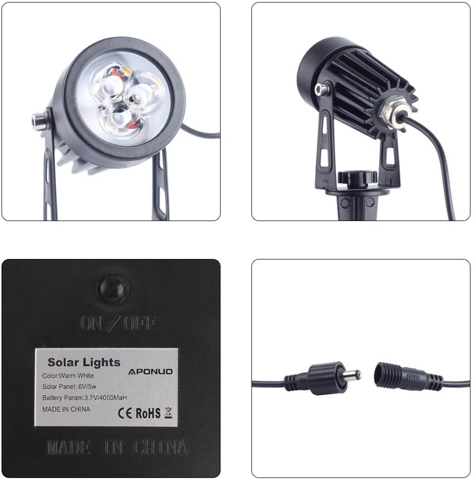 APONUO Solar Spotlights Landscape Lights Low Voltage Outdoor Solar Spotlight IP65 Waterproof 9.8ft Cable Auto On/Off with 4 Cool White for Outdoor Garden Yard Landscape Downlight (4-in-1)