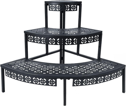 aboxoo 3 Tier Plant Stand Flower Pot Rack, Metal Stair-Step Style Corner Shelf Planters, Quarter Round Display Holder for Indoor Outdoor Use(Black, Semicircle)