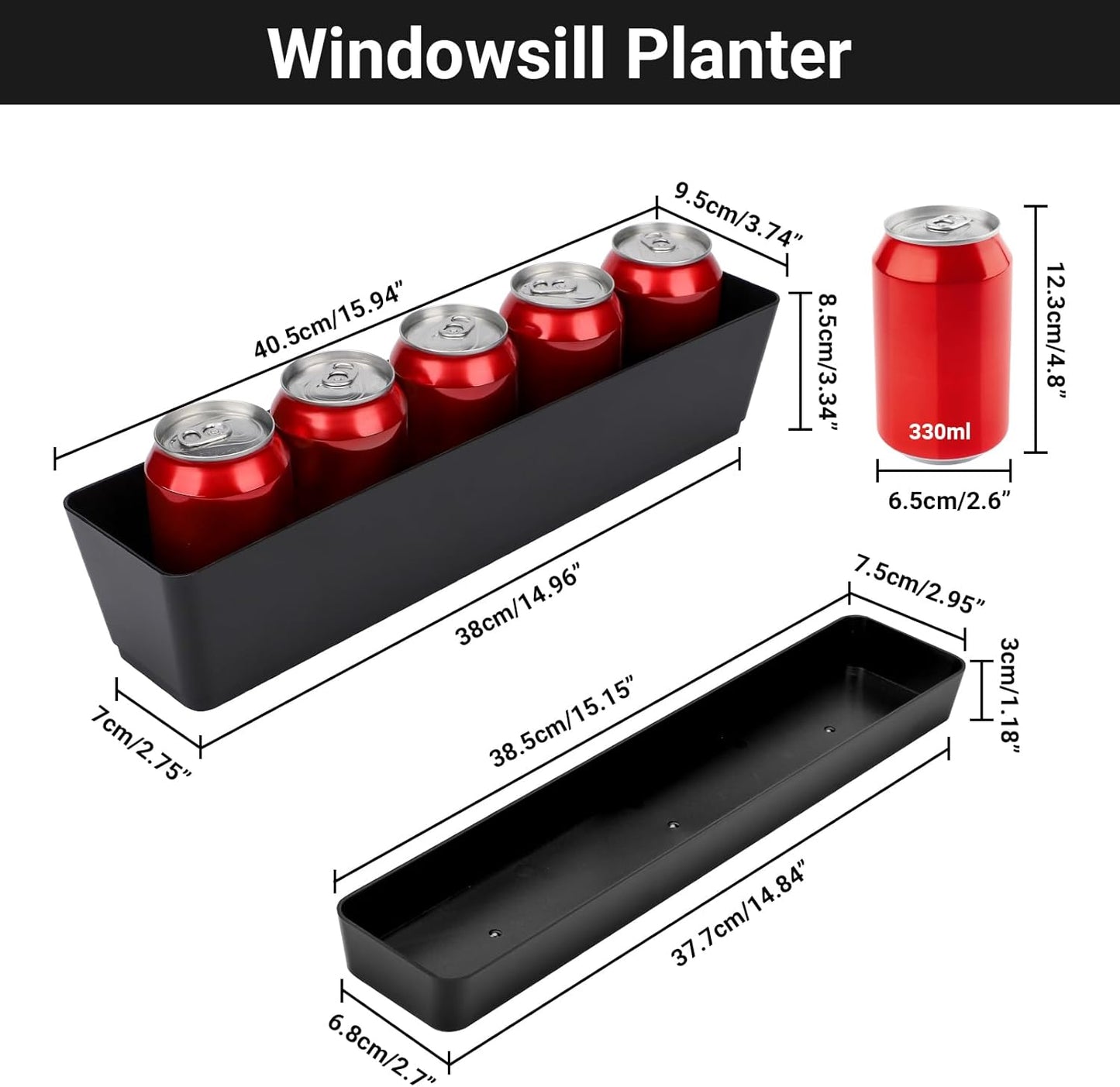 GREANER 3PCS 16x3.8 Inch Window Boxes Planters, Black Rectangle Planters Box with Drainage Holes and Trays, Herb Succulents Flowers Plastic Pot for Windowsill, Garden, Balcony, Indoor, Outdoor Decor