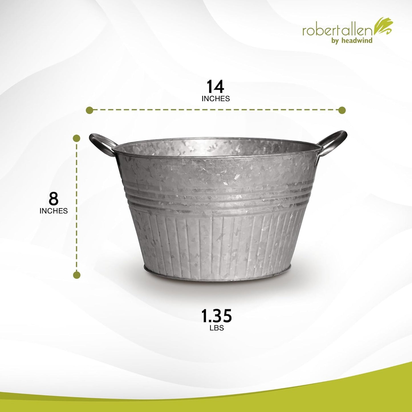 Headwind Round Galvanized Tub Planter with Handles – 14 Inch Lightweight Metal Planter with Drainage Hole – Galvanized Steel Tub for Plants - Metal Flower Pot by Robert Allen