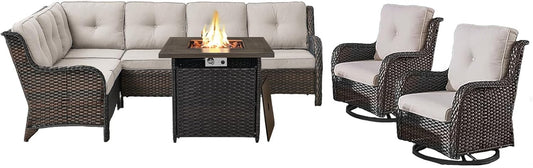 Outdoor Sectional Sofa Furniture Set with 50000BTU Propane Fire Pit Table, Wicker Patio Conversation Set with 2 Swivel Glider Rocker Chairs Beige Cushion Perfect for Backyard Casual Gathering