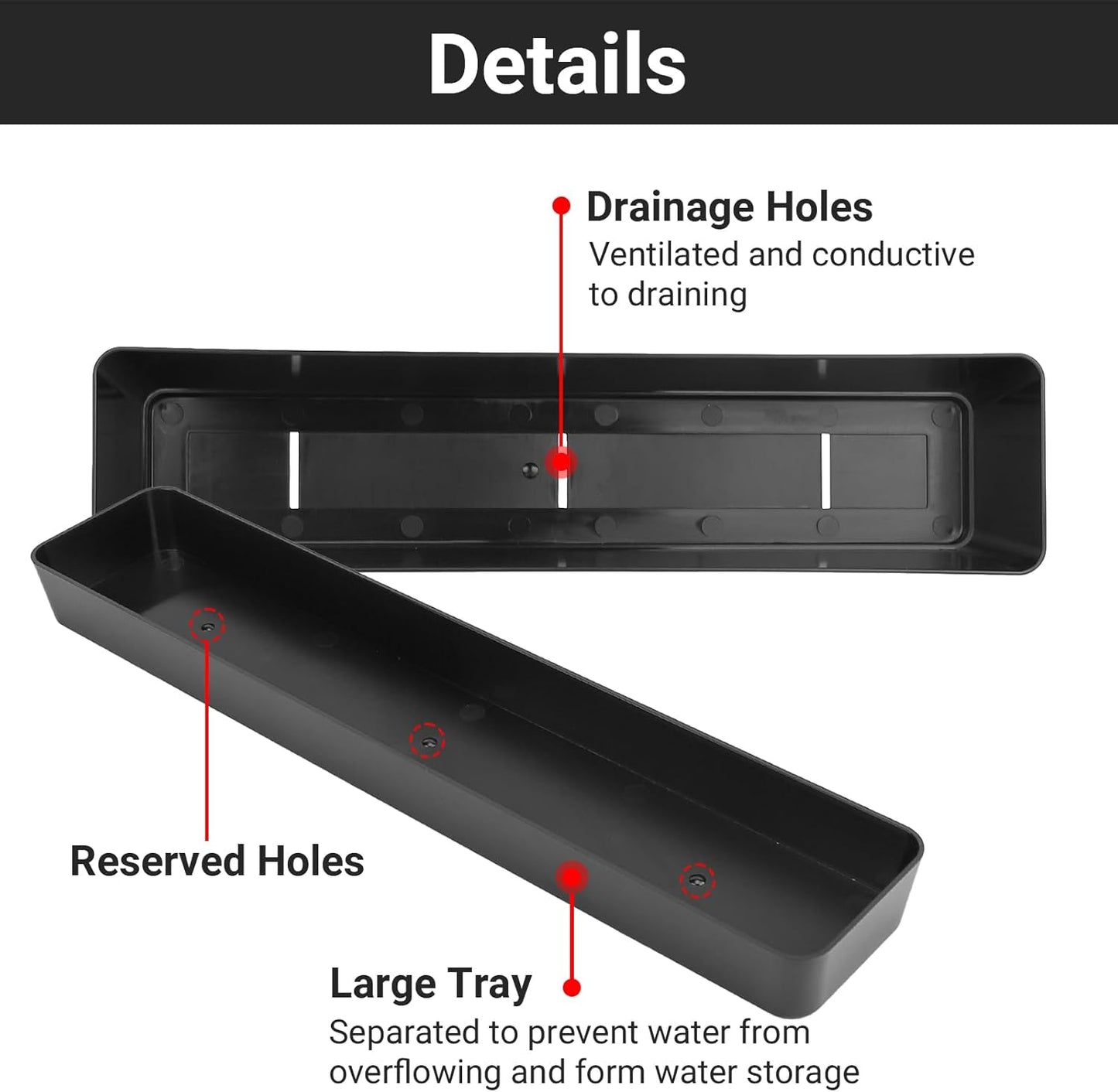 GREANER 3PCS 16x3.8 Inch Window Boxes Planters, Black Rectangle Planters Box with Drainage Holes and Trays, Herb Succulents Flowers Plastic Pot for Windowsill, Garden, Balcony, Indoor, Outdoor Decor