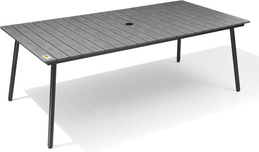 Outdoor Dining Table for 6-8, 82.7 inch Patio Dining Table with Wooden-Like Top and Aluminum Frame, Rectangular Table with Umbrella Hole Outdoor Furniture, Grey