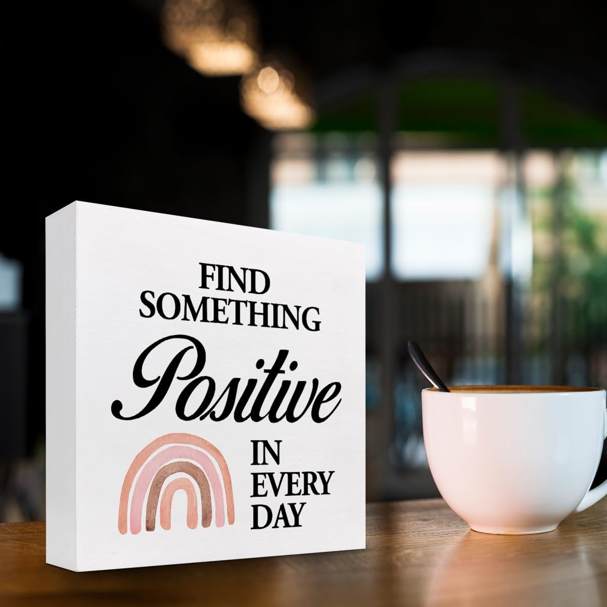 Z-crange Find Something Positive in Every Day Boho Rainbow Wood Block Sign, Rustic Inspirational Wooden Box Plaque for Home College Office Shelf Table Decor