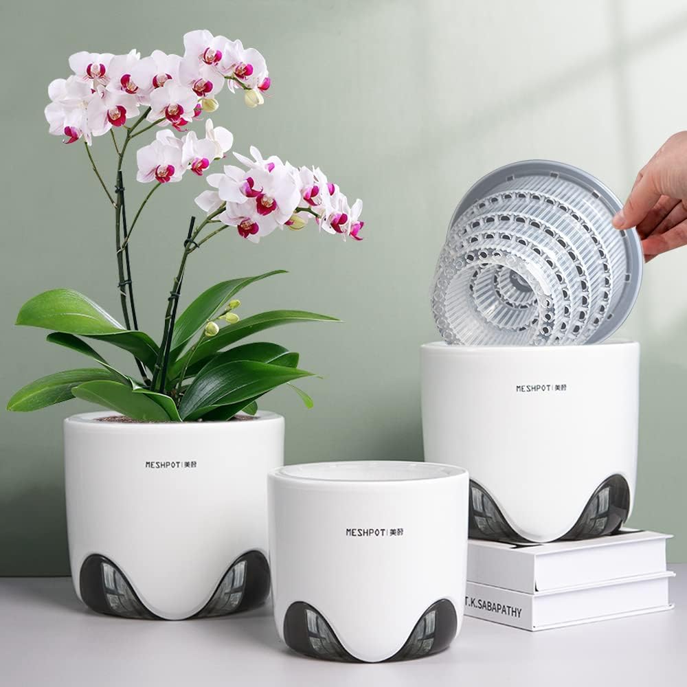 6 inch Orchid Pots with Holes for Repotting with Excellent Airflow, Set of 1, Double Layer Plastic Imitate Ceramic Orchid Planter, Clear Orchid Pot Match Decorative Orchid Container