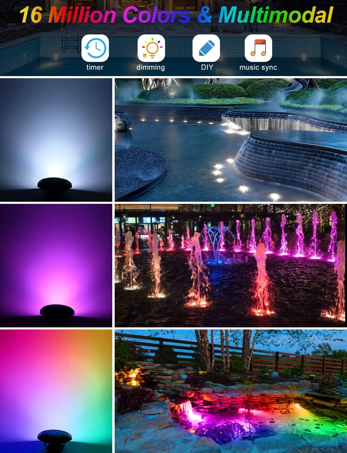 RGB Underwater Pond Lights, Super Bright 18 LED Submersible Fountain Lights Color Changing Spotlights, Bluetooth APP Control IP68 Waterproof for Fish Aquarium Tank Garden Yard Pool(Set of 2)
