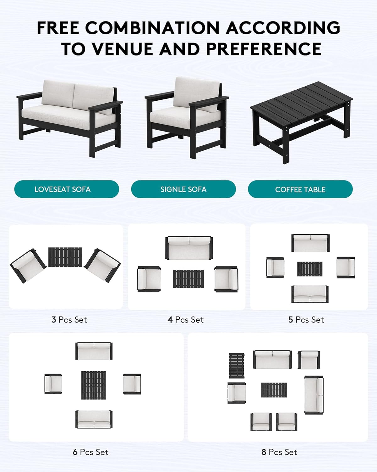 SERWALL Black HDPE Outdoor Loveseat with Khaki Cushions, All Weather Use Outdoor Loveseat Sofa, Black Frame with Khaki Cushions