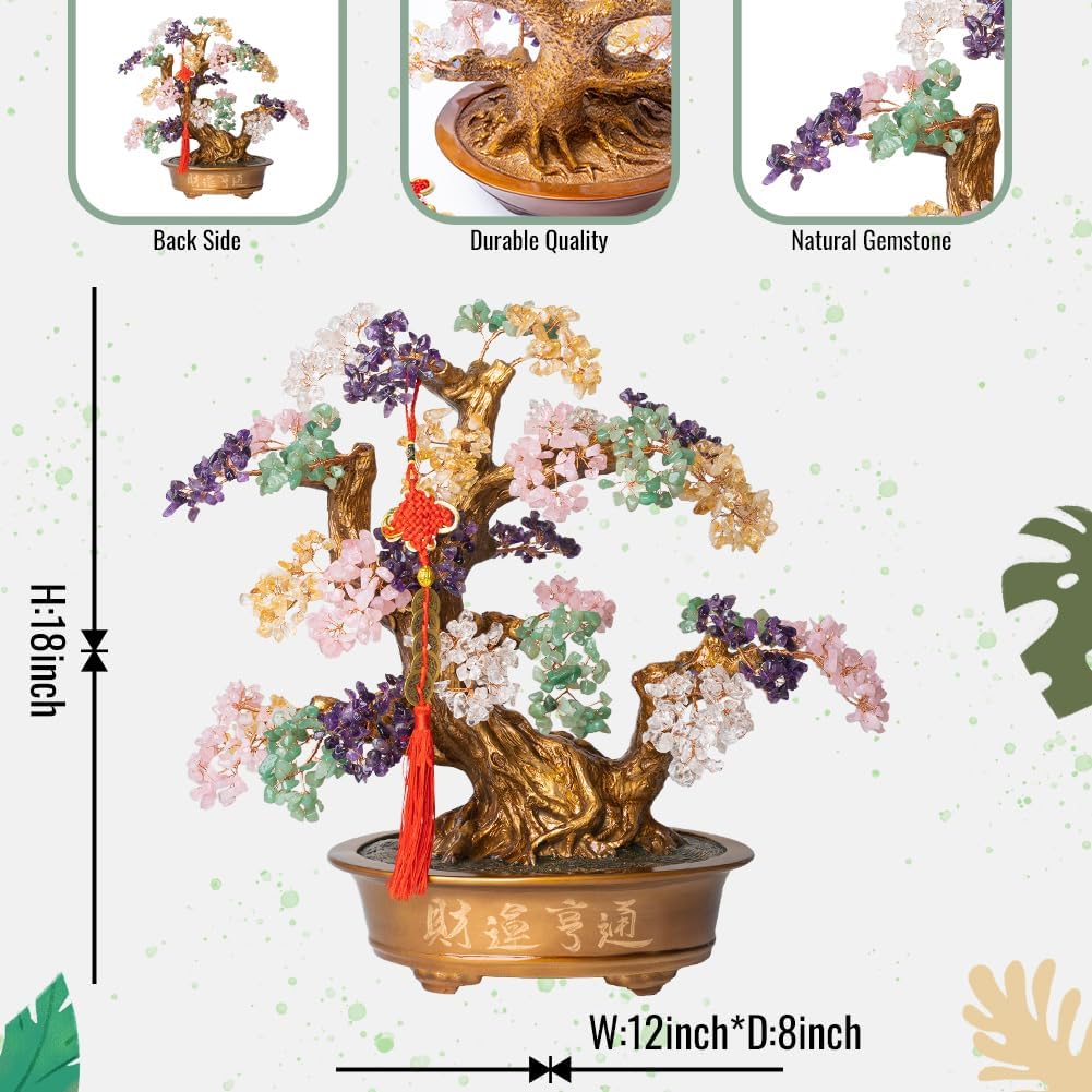 Natural Chakra Gemstone Crystal Bonsai Tree of Life（1,350 Gemstone Count） Large Feng Shui Money Tree for Luck and Wealth Desk Decoration 20 Inches