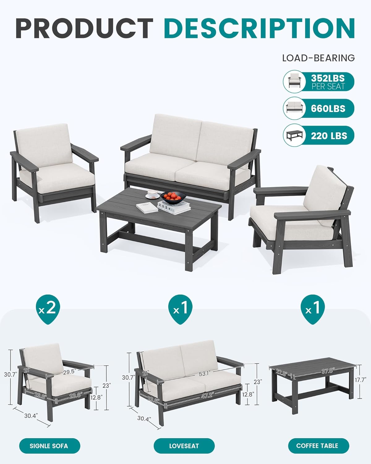 SERWALL HDPE Outdoor Furniture Set 4, All Weather Wood-Like Outdoor Sofa Sectional Couch, Grey Patio Furniture Set with Khaki Cushions