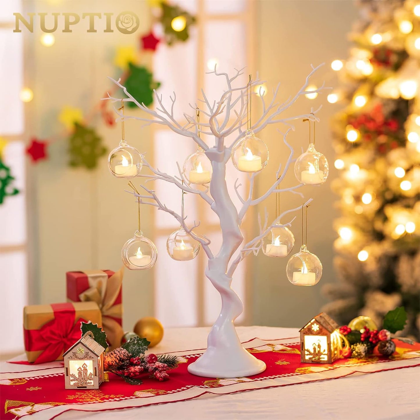 108 Pcs Mini Hanging Tealight Holder with LED Candles, 2.36in Hanging Glass Globes Candle Holder, Hanging Glass Terrarium Glass containers for Wedding Party Tree Decoration (Contains LED Candles)