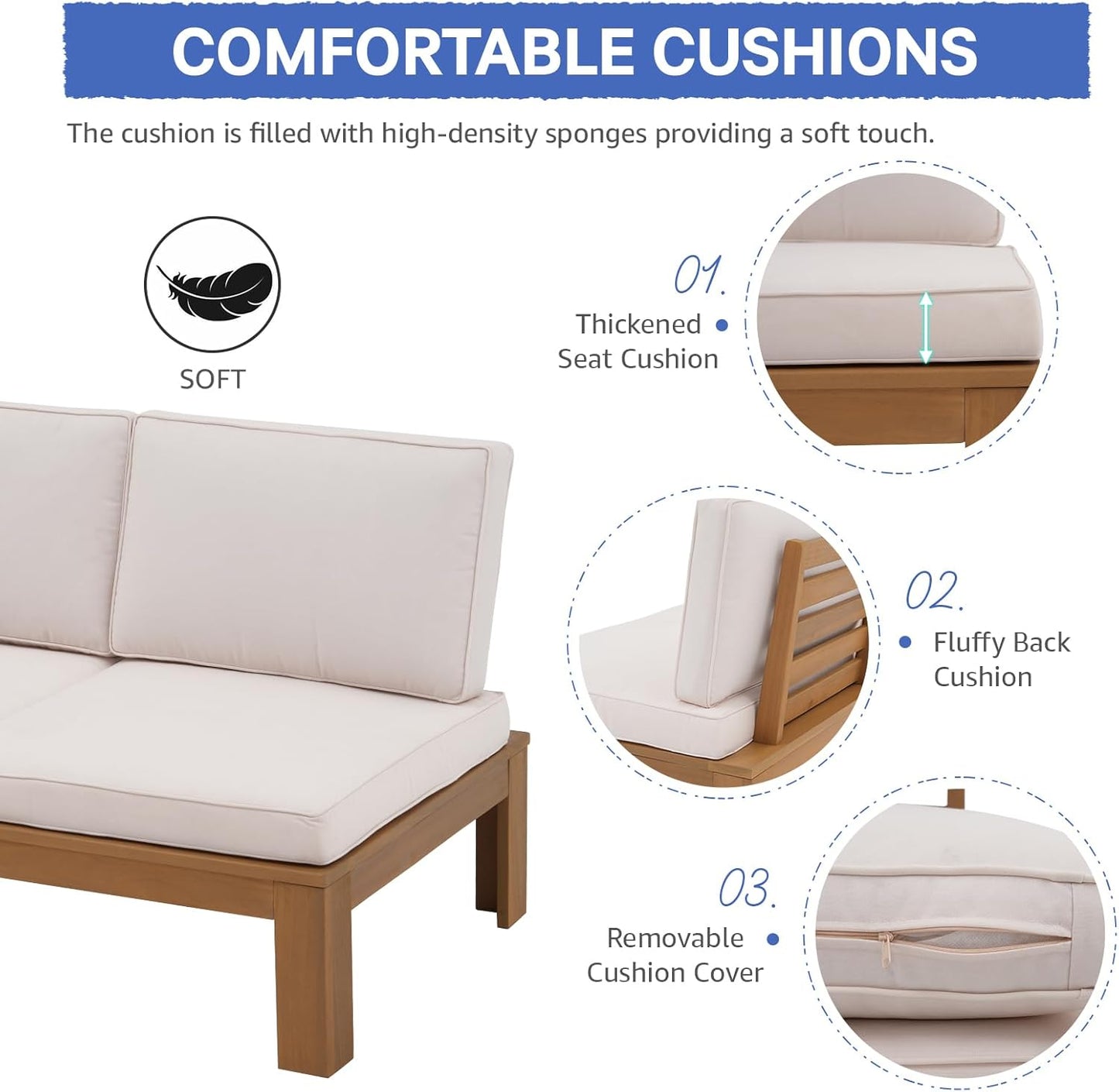 SUNSITT 4 Piece Acacia Wood Patio Furniture Outdoor Sectional Sofa Set with Adjustable Armrest, FSC Certified L-Shaped Patio Set w/2-in-1 Coffee Table, Cream White Cushions for Garden