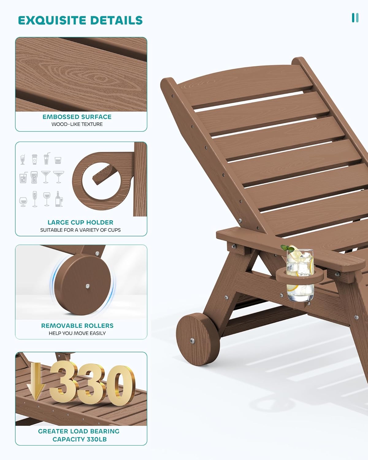 SERWALL Patio Chaise Lounge Chair Set of 2, 78'' Long HDPE Outdoor Lounge Chair, 5 Positions Adjustable Poly Lounge Chair with Rolling Wheels & Cup Holder for Pool, Brown