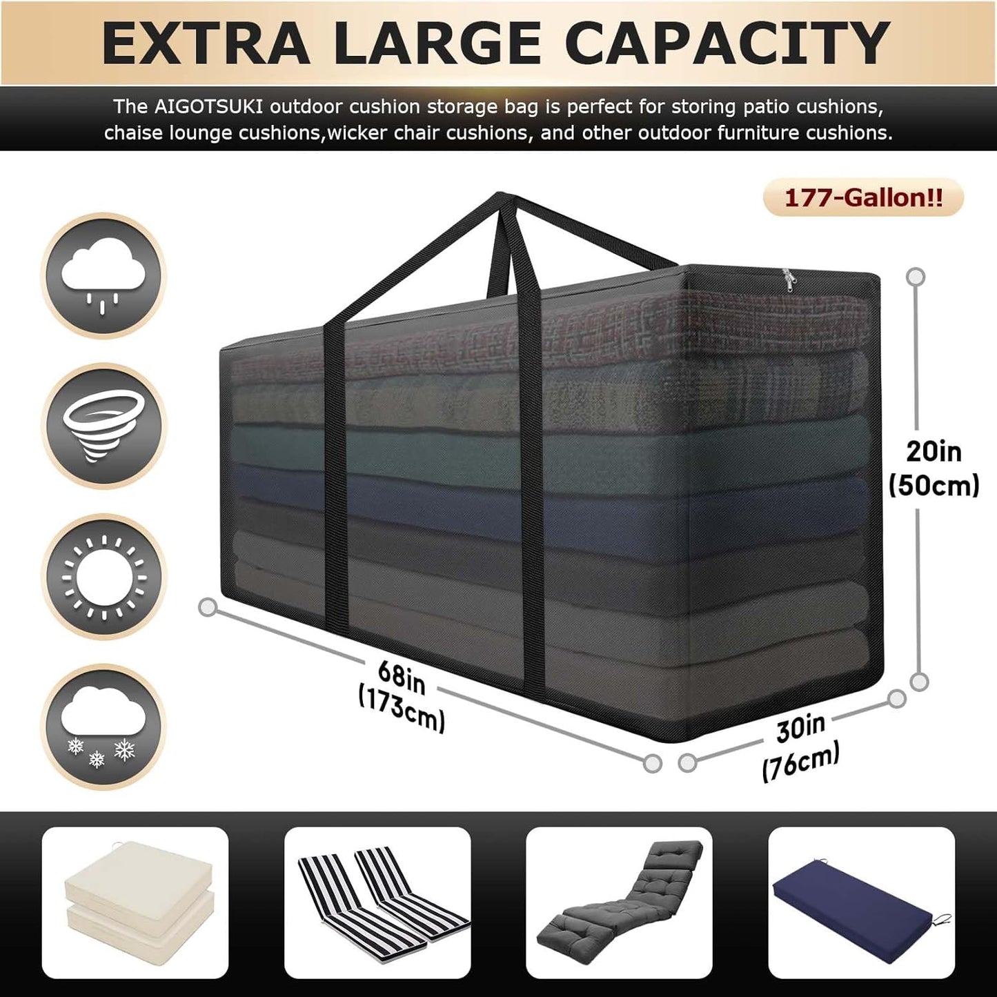 2 Pack Extra Large Patio Outdoor Cushion Storage Bag Waterproof 68" L x 30" W x 20" H Outdoor Cushion Furniture Storage Bag with Handle and Protective Zipper (Black, 2 Pack)