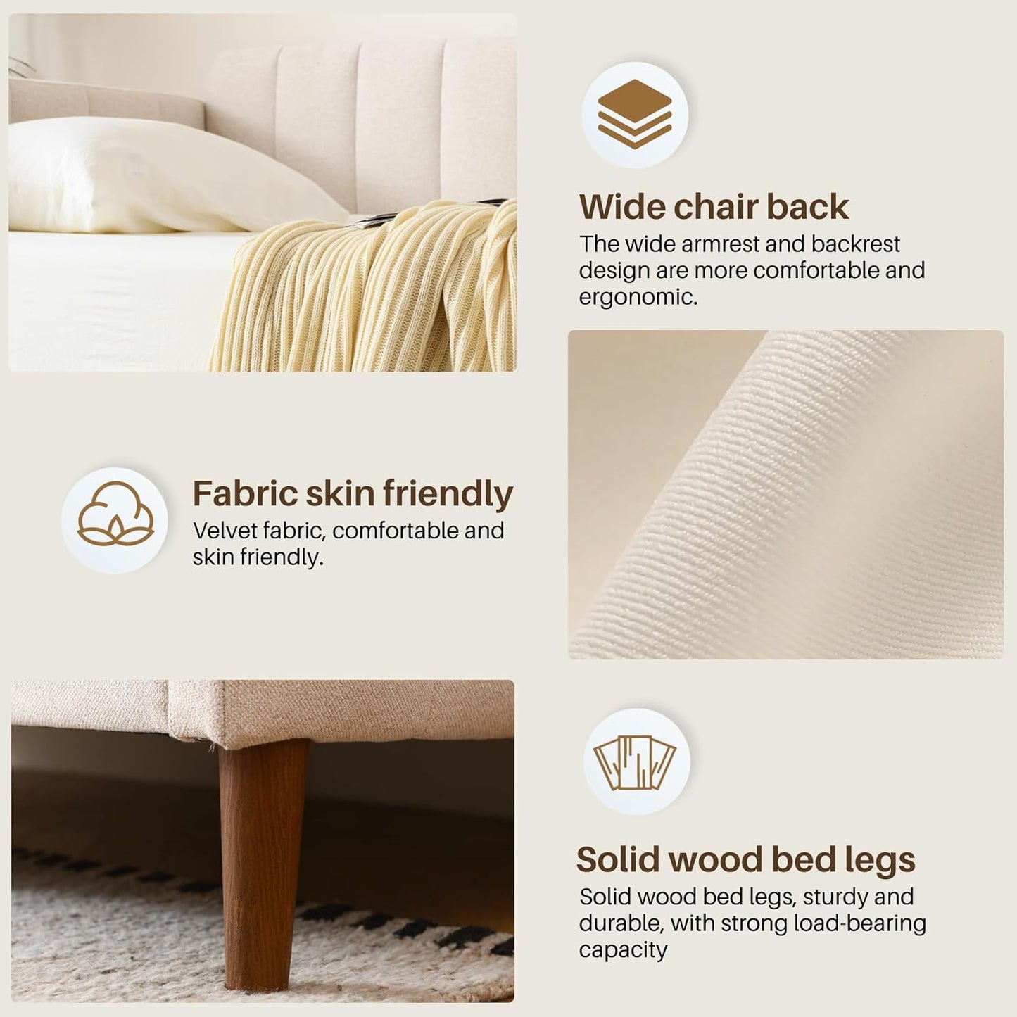 YUHUASHI Twin Size Upholstered Daybed with Wood Slat Support, Daybed Frame for Living Room, Bedroom, Guest Room, No Box Spring Needed (Ivory, Twin)