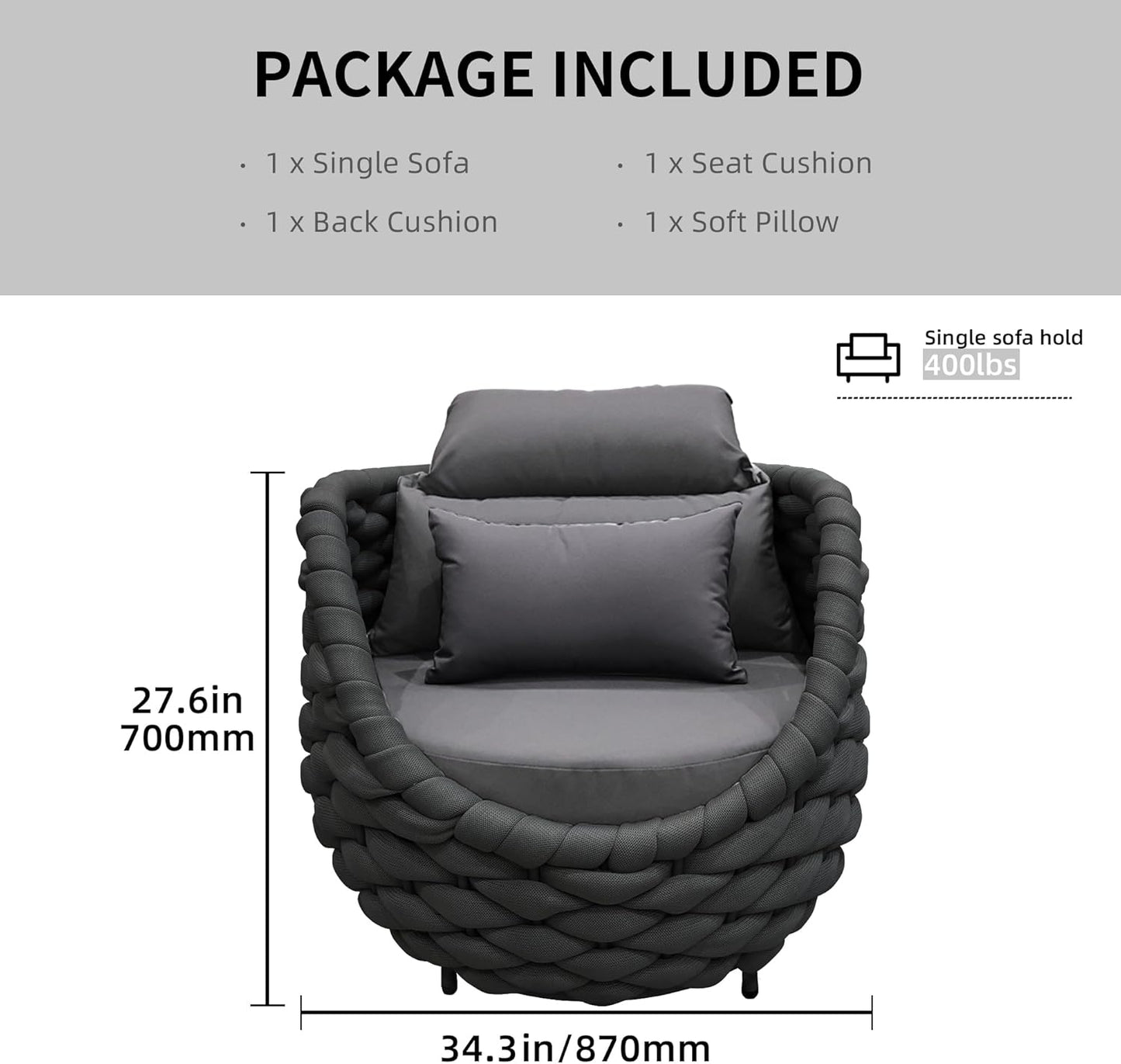 TWT 2 Pieces Patio Furniture Aluminum Armchair, All-Weather Polyester Rope Outdoor Single Sofa, Metal Chair with Cushions for Patio, Balcony, Backyard, Deck