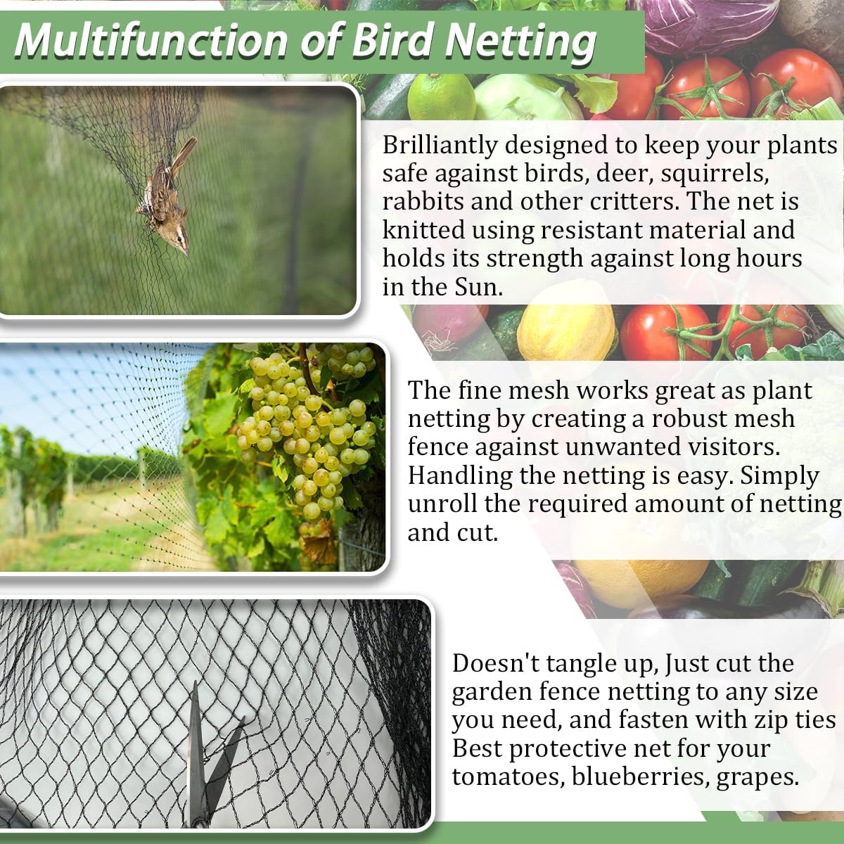 Bird Netting，25 x 25 FT Garden Netting Bird Net for Chicken Coop, Poultry Netting Fence for Fruit Trees, Plants and Vegetables Against Birds, Deer, Squirrels and Other Animals