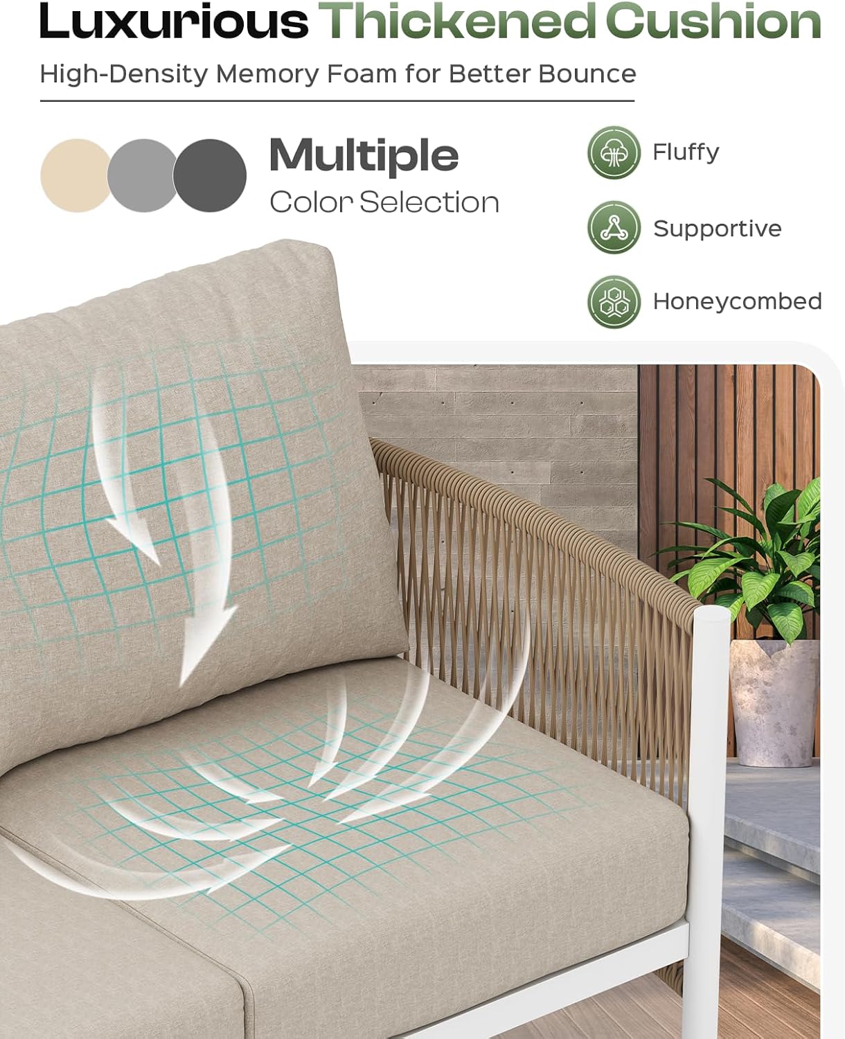 Aluminum Outdoor Sofa Armchair, HDPE Rope Patio Couch with Washable Thick Cushion, All-Weather Outdoor Patio Chairs Set of 2 for Balcony, Yard, White Frame, Ivory