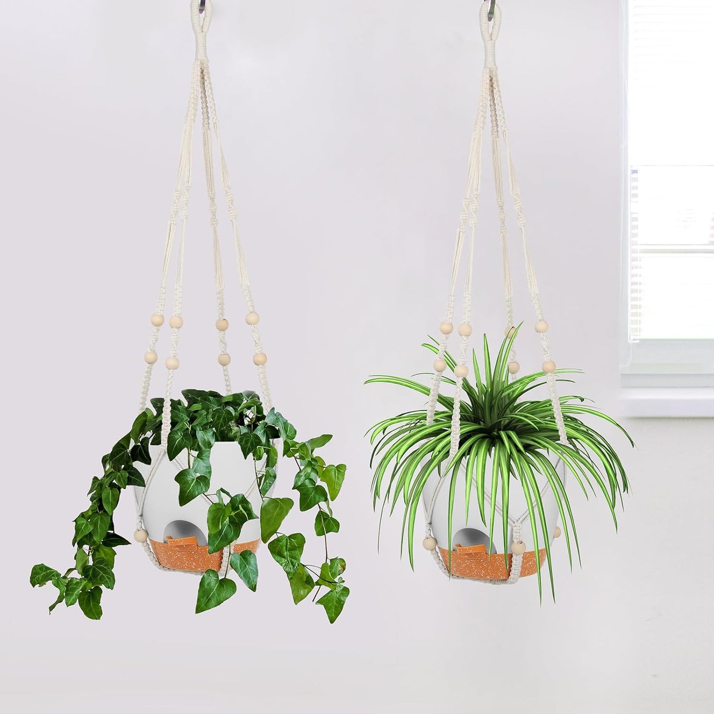 GARDIFE 8 Inch Hanging Planters with Macrame Plant Hanger for Indoor and Outdoor Plants, 2 Pack Large Self Watering Hanging Plant Pot with Basket Flower Pot with Drainage Hole, White