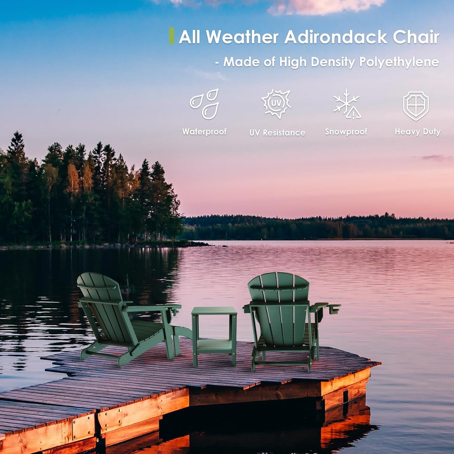 GREENVINES Folding-Adirondack-Chair | HDPE Plastic | Fire Pit Chairs | All Weather | Cup Holder | Forest | for Deck Backyard Patio Outdoor Garden