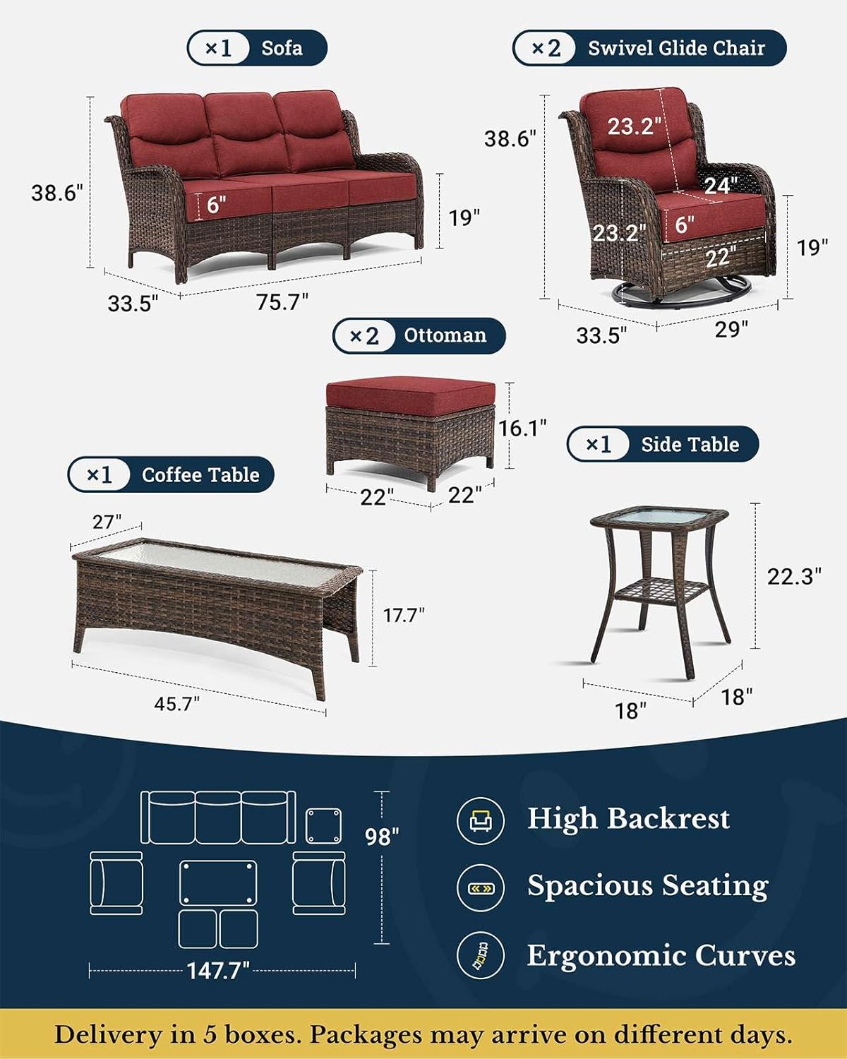 HILLGA Luxury Patio Furniture Set with 6-inch Thick Cushion, Outdoor Couch and High Back Swivel Rocker Patio Chairs, 7PCS Wicker Conversation Set for Deck Yard and Poolside, Burgundy (V2)