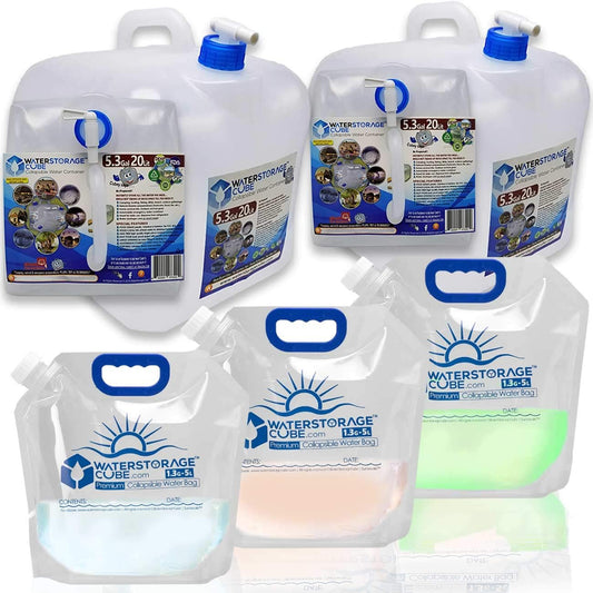 WaterStorageCube 3pc/5pc Premium Collapsible Water Container Bundle Cube + Bag, No BPA Camping Drink Storage Carrier Jug for Outdoors Hiking Backpack & Survival, No-Leak Foldable Portable & Freezable