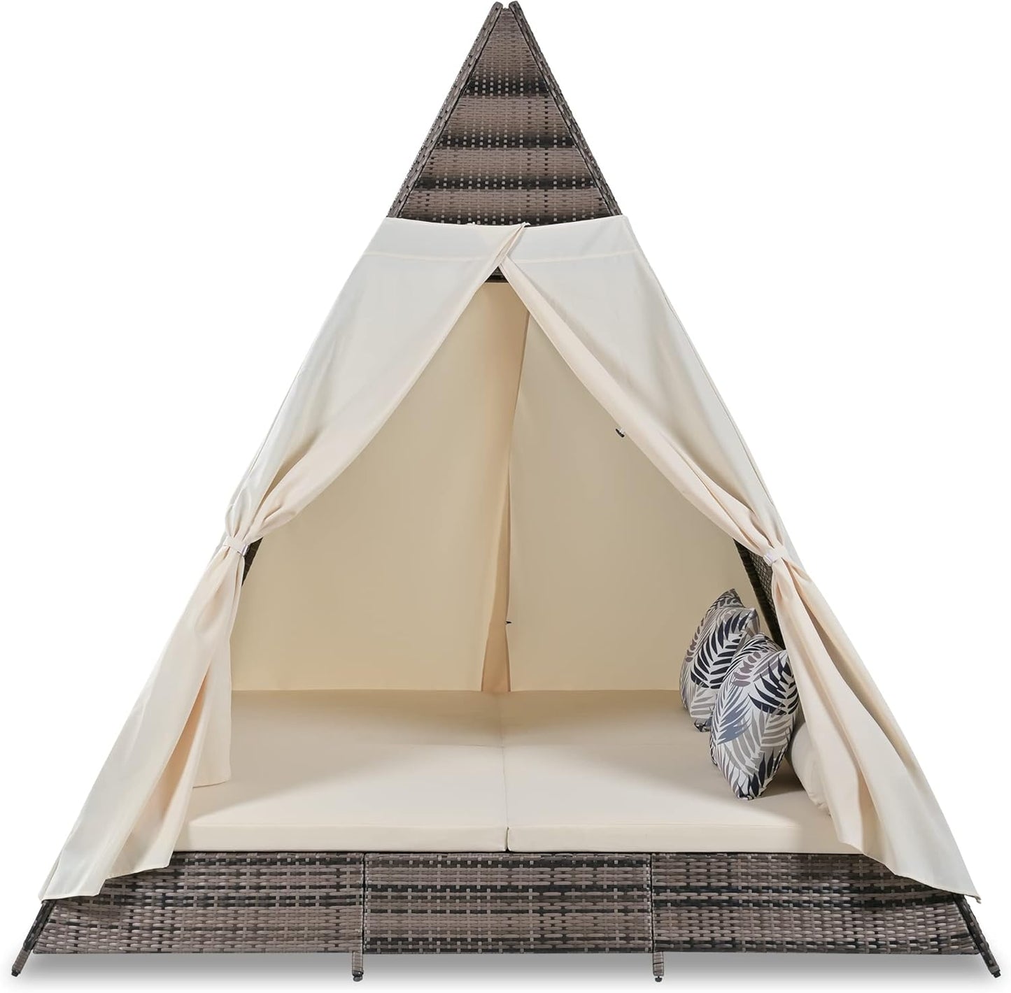 kevinplus Outdoor Patio Sunbed Daybed with Tent for Garden Backyard Pool, Adjustable Feet & Weather-Resistant Rattan Material, Beige