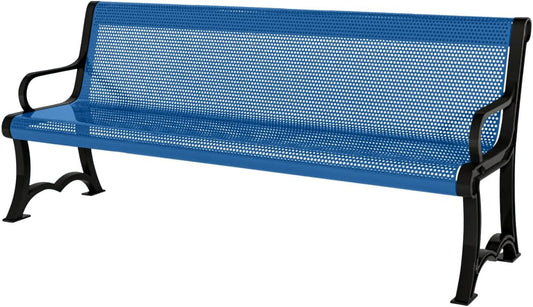 Heavy-Duty Outdoor Bench Thermoplastic Coated, Punched Steel, Commercial-Grade Garden Bench, Made in America (Portable with Back, 4 Ft, Textured Light Blue)