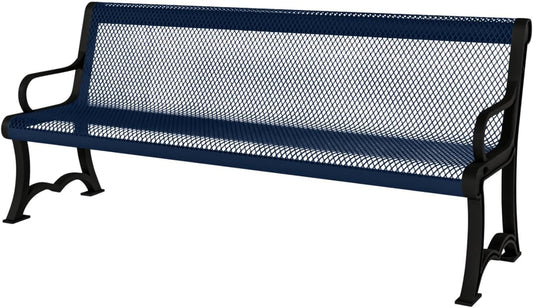 Heavy-Duty Outdoor Bench Thermoplastic Coated, Expanded Metal, Commercial-Grade Garden Bench, Made in America (Portable with Back, 4 Ft, Textured Dark Blue)