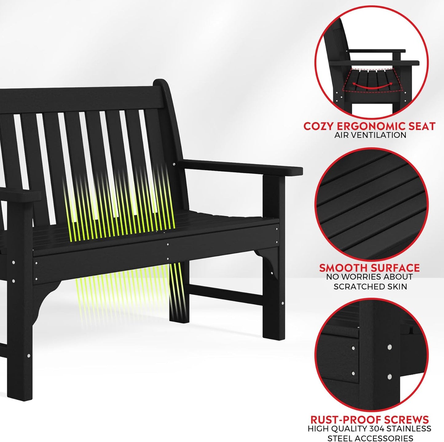 Garden Bench, Farmhouse Park Front Porch for Entryway Bench Outdoor Seating Low Bench Patio Bench Outside/Indoor, Black
