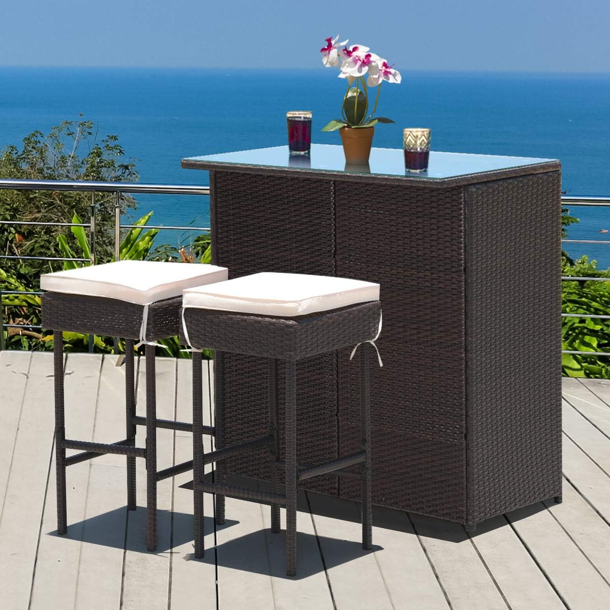 Tangkula Patio Bar Set, 3 Piece Outdoor Rattan Wicker Bar Set with 2 Cushions Stools & Glass Top Table, Outdoor Furniture Set for Patios Backyards Porches Gardens Poolside (Beige)