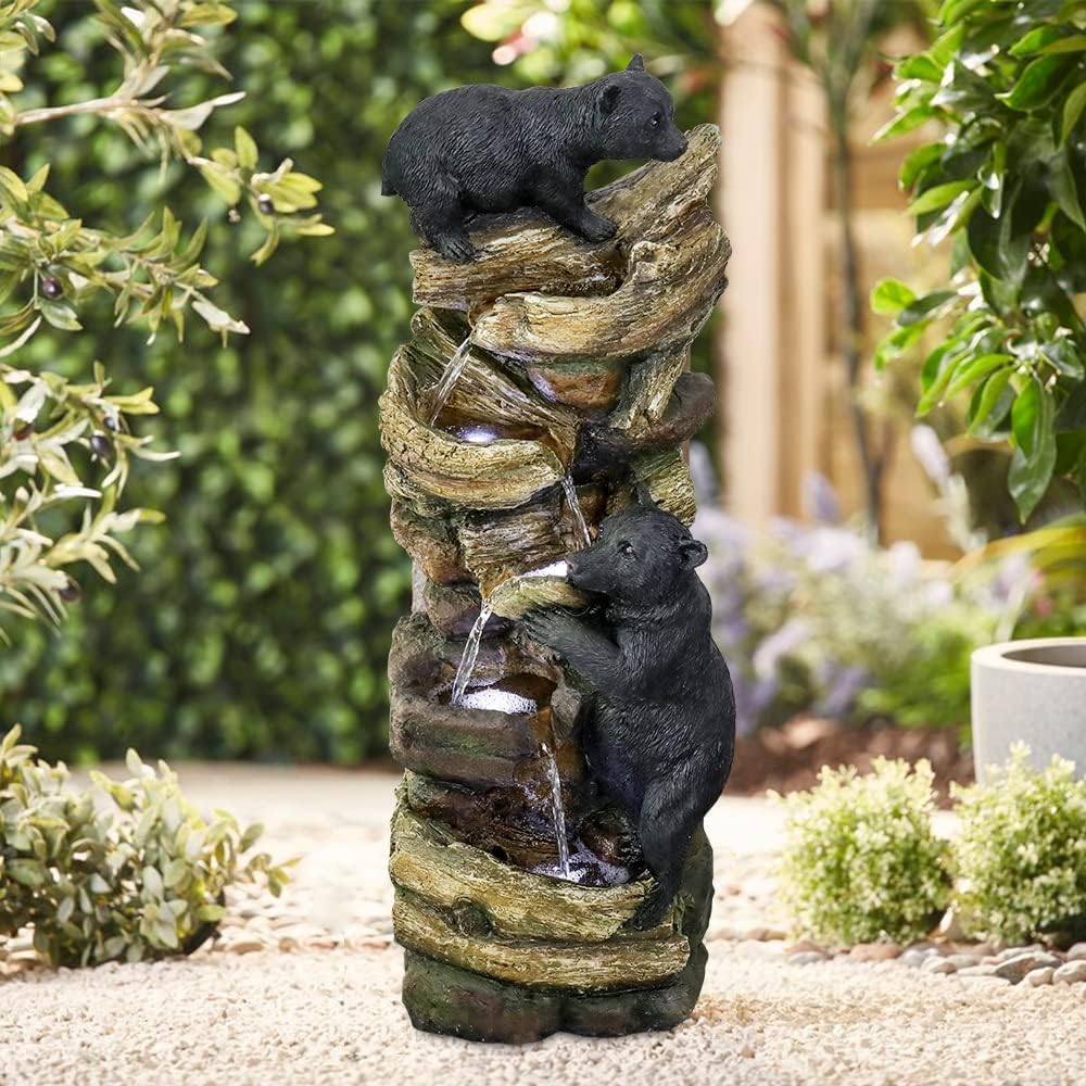 39.3 Inch 5 Tier Outdoor Garden Water Fountain Bears Climbing Tree Resin Fountain with LED Lights for Garden Patio Folding Patio Deck (Brown)