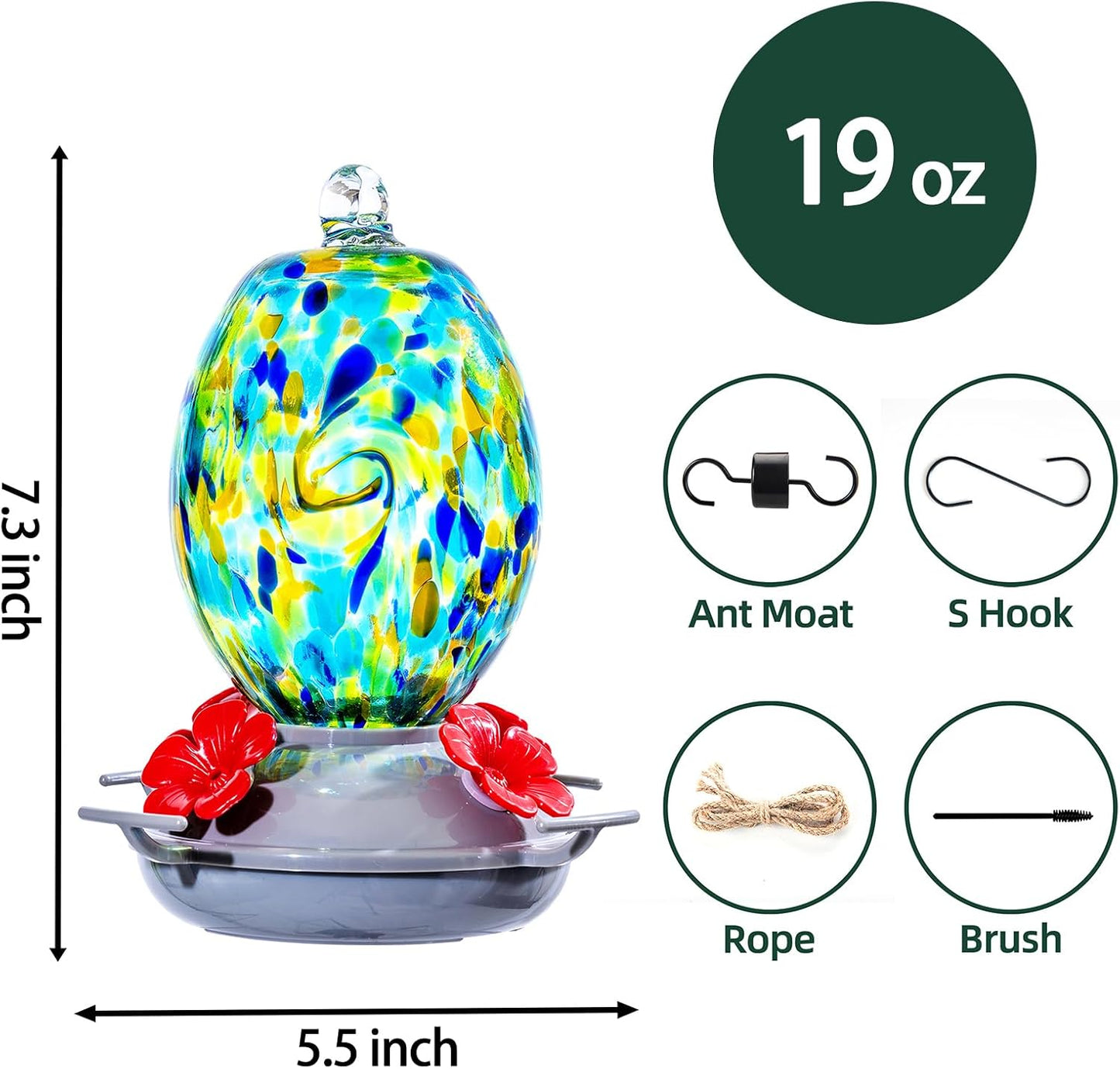 Muse Garden Hand Blown Glass Hummingbird Feeder - 19OZ Plastic Base Humming Bird Feeders for Outdoors Hanging, Garden Decor Gifts for Bird Lovers, Starry Night