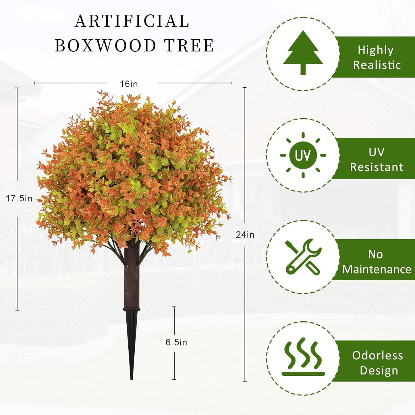 24" Fall Plants Artificial Boxwood Topiary Trees, UV Resistant Faux Bushes with Ground Spike, Fake Shrubs for Outdoor Planters, Front Porch, Patio, Yard Decor Set of 2