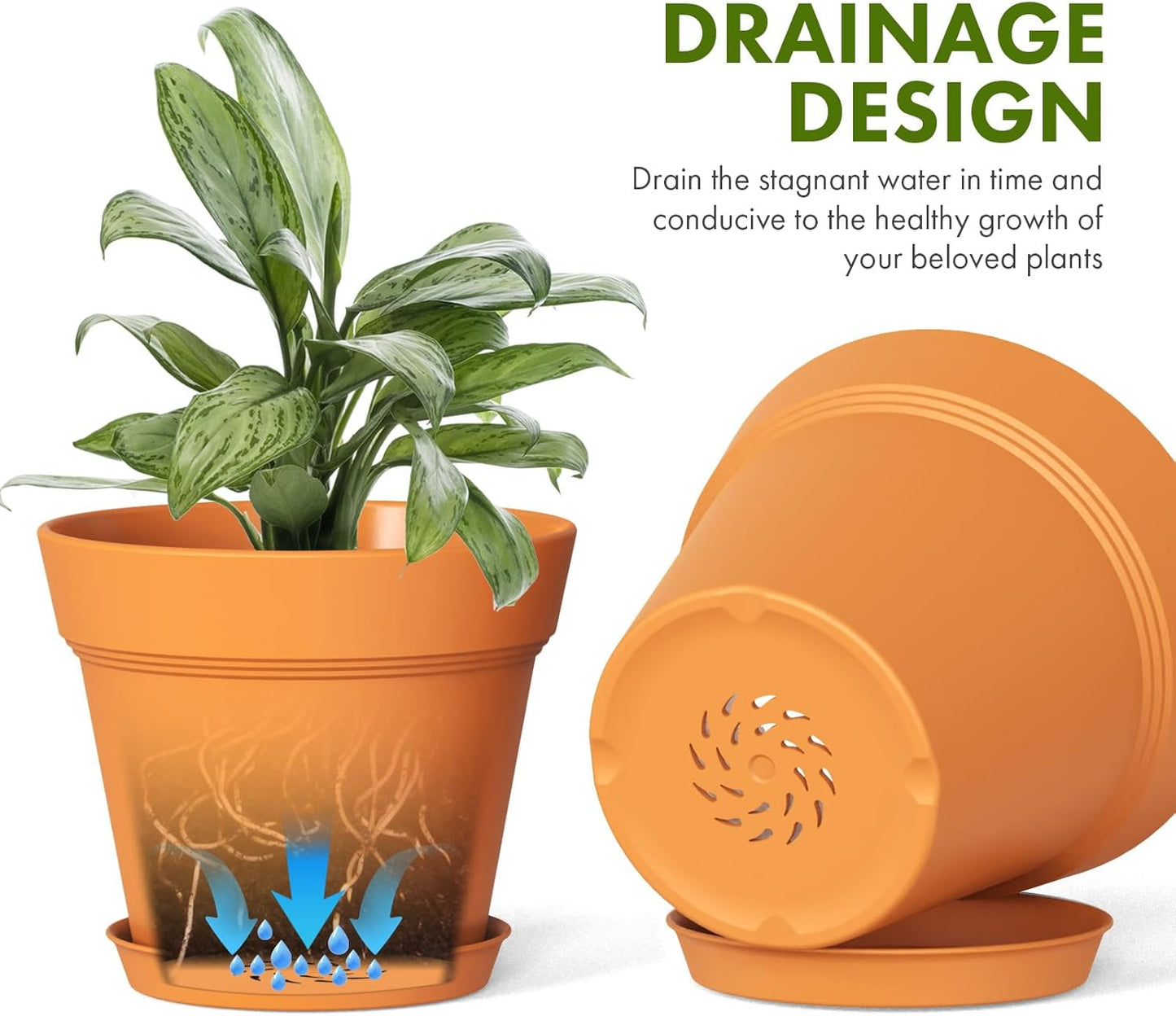 4 Inch Plastic Plant Pots with Drainage Holes and Trays – 8 Pack Small Nursery Pots for Indoor & Outdoor House Plants and Flowers, Seedling Starter Planters, Terracotta