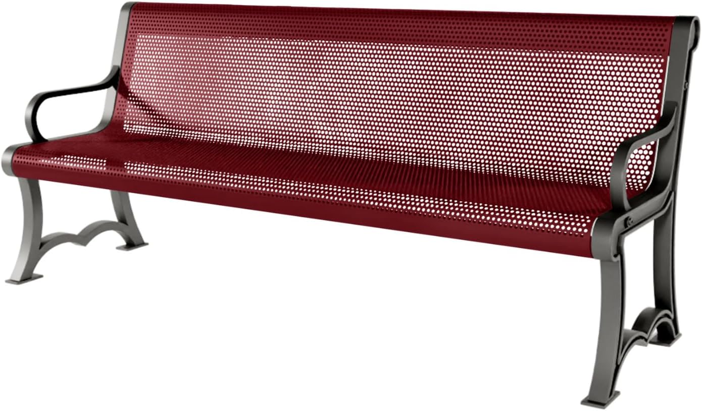 Coated Outdoor Furniture Heavy-Duty Outdoor Bench Thermoplastic Coated, Punched Steel, Commercial-Grade Garden Bench, Made in America (Portable with Back, 6 Ft, Burgundy)