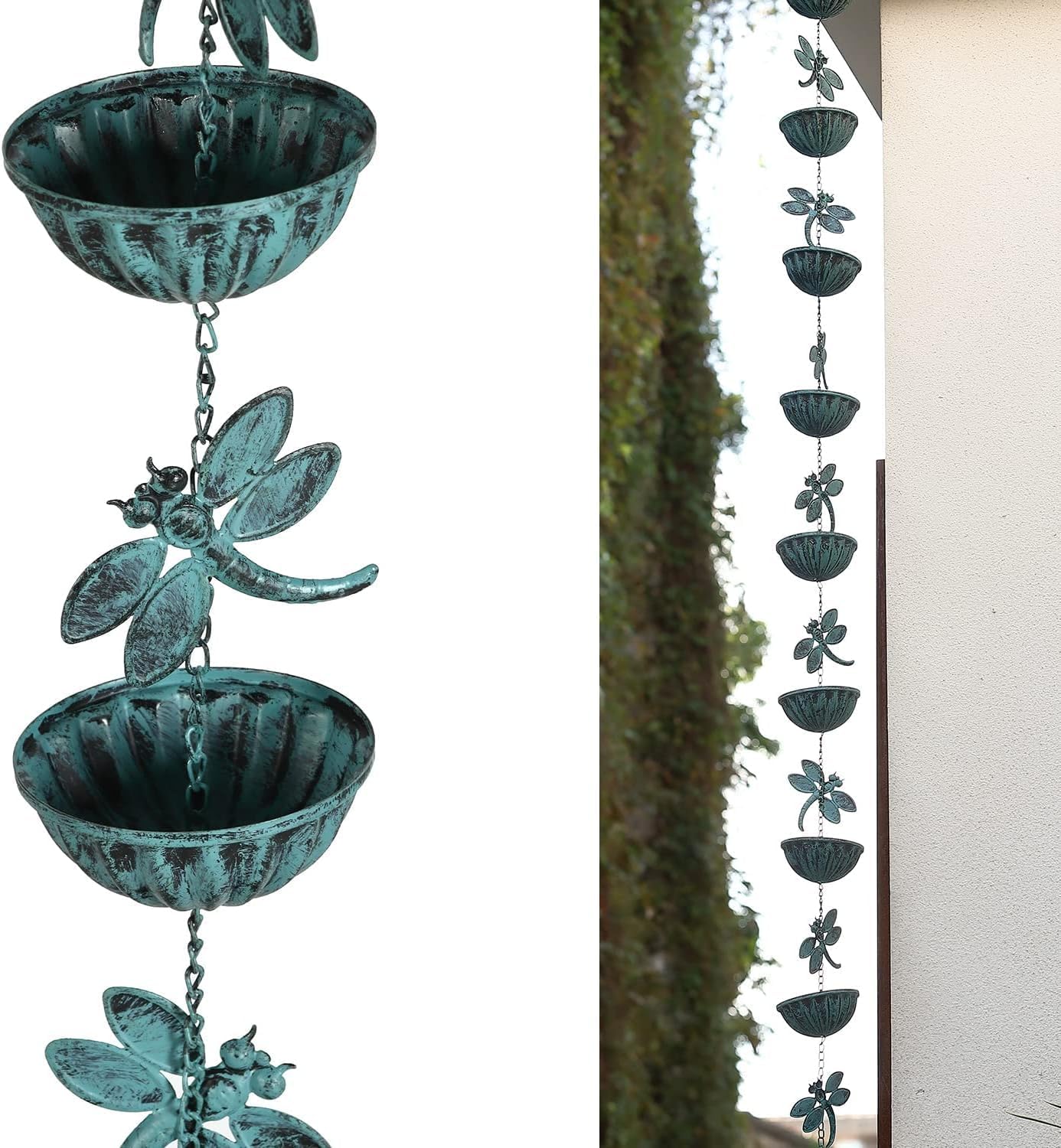 Iron Dragonfly Rain Chain for Gutters, 8.5-Feet Length, Distressed Blue