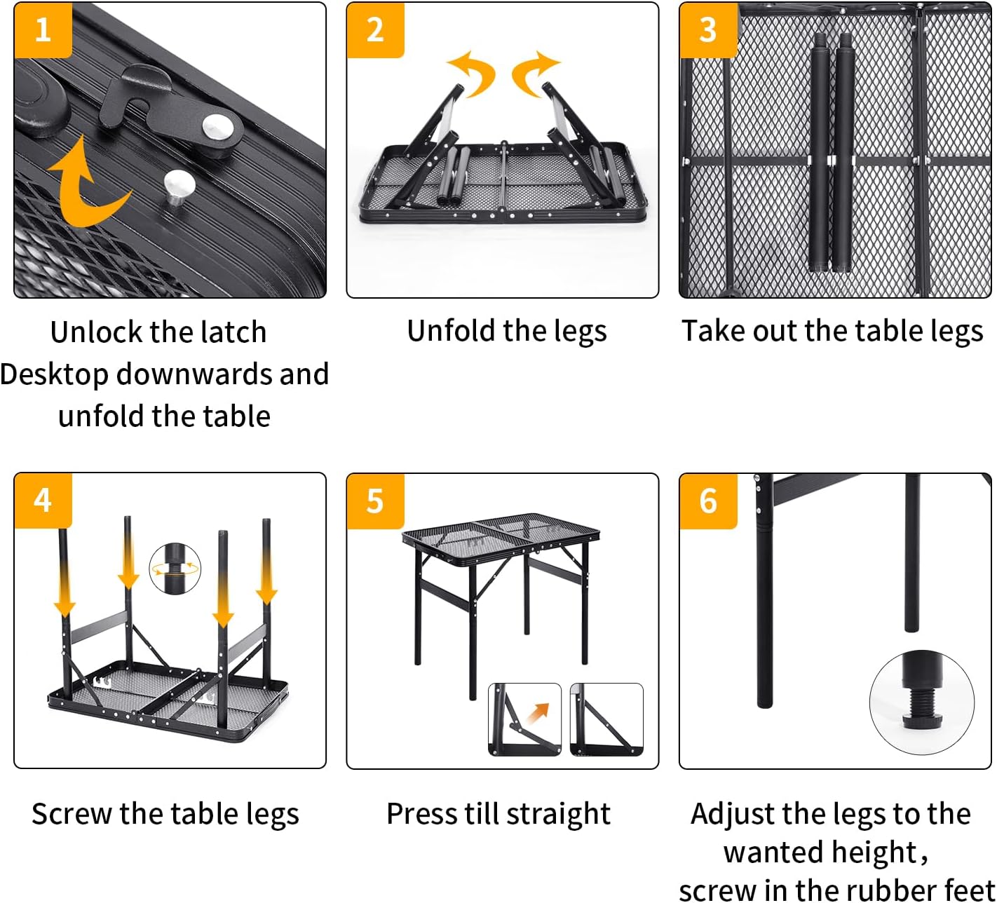 Small Folding Table 2FT Grill Table Foldable Camping Table Picnic Portable Mesh 2 Height Adjustable Outdoor Beach BBQ Black 23.6×15.7 inch
