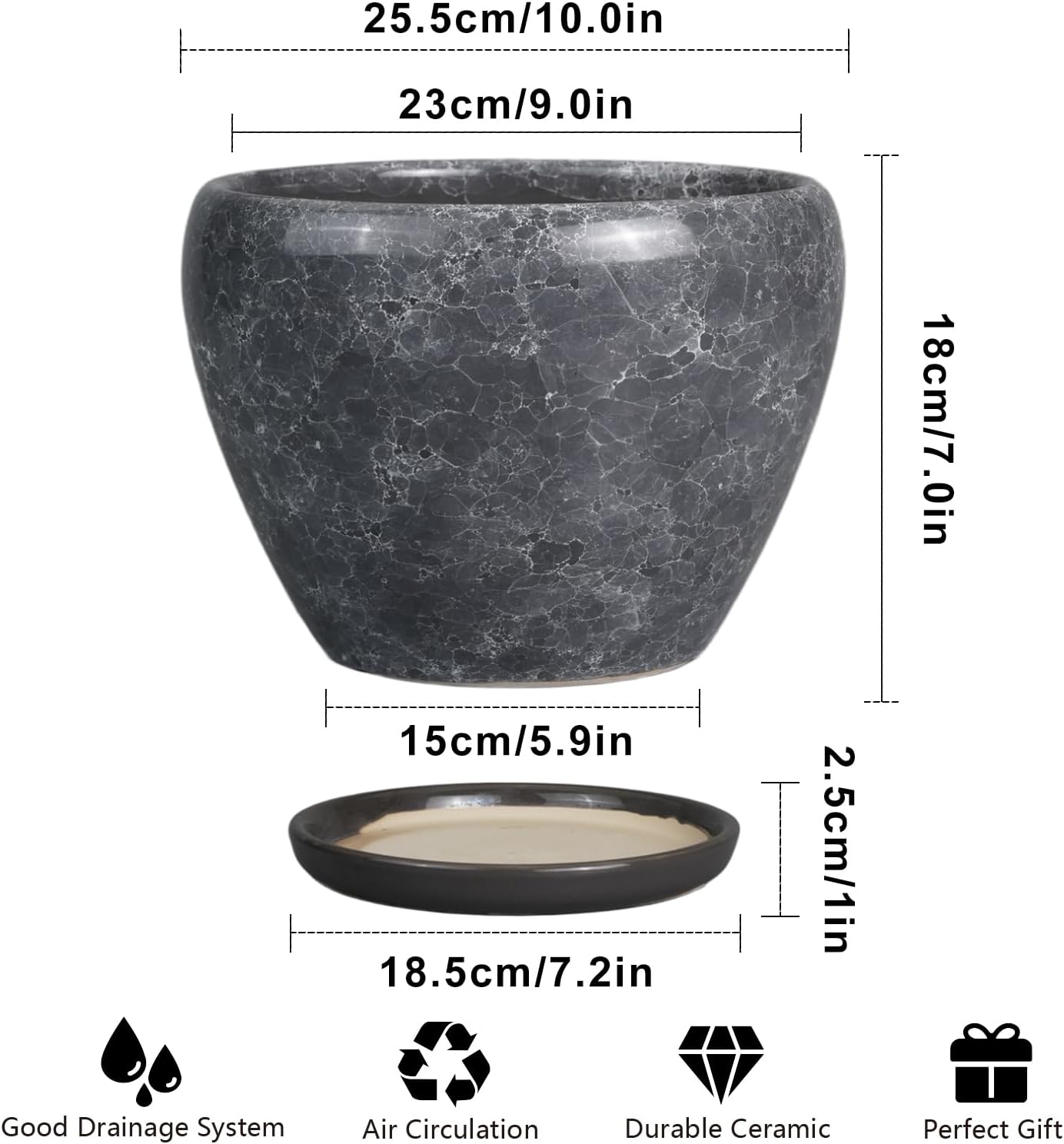 Ceramic Planters for Indoor Plants - 10 Inch Plant Pot with Drainage Hole and Saucer, Large Flower Pot for Home Decor, Gray