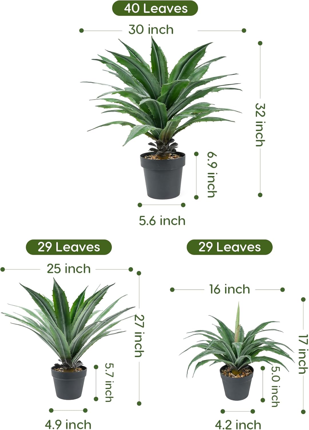 Velener Artificial Agave Plant in Black Pot with Real Stone Pebbles, Large Fake Agave Plants with Green Serrated Leaves, Faux Yucca for Indoor and Outdoor Decor-17 Inches Tall, 29 Leaves