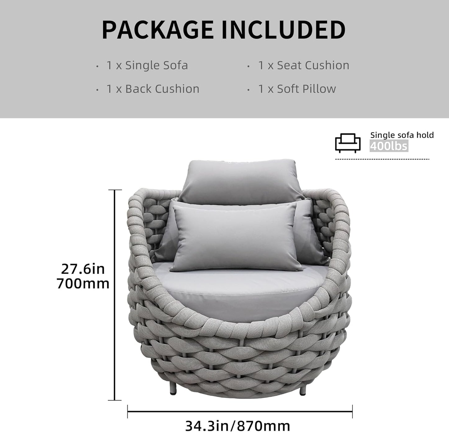 TWT Patio Sofa, All-Weather Textilene Rope Outdoor Chairs Set of 2 with Cushions & Pillows, Patio Couch Outdoor Patio Furniture Set for Patio, Balcony, Backyard, Deck, Poolside, Grey